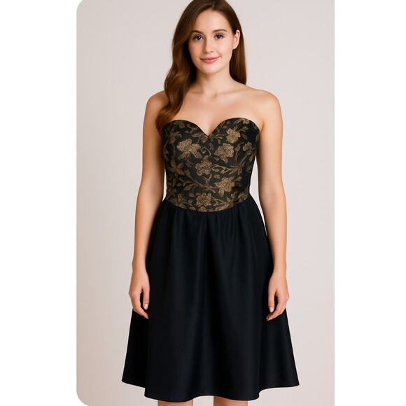 Vintage Gunne Sax Jessica McClintock black gold Floral Strapless Dress Size 10 - Picture 1 of 13